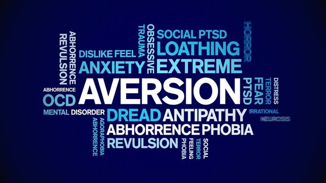 Aversion animated word cloud;text design animation tag kinetic typography seamless loop.