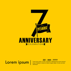 7th years anniversary celebration emblem. anniversary logo isolated with flag pole on yellow background. vector illustration template design for web, flyers, poster, greeting card