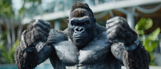 Fototapeta premium Powerful Muscular Gorilla Displaying Intensity and Strength in Nature Setting with Lush Greenery and Tropical Background