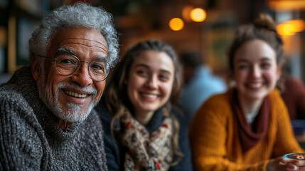 Joyful gathering of friends enjoying time together in a cozy cafe setting