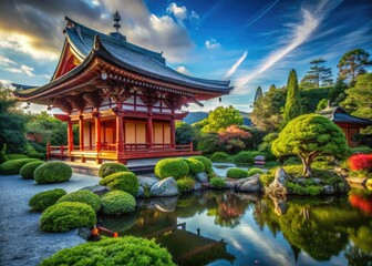 Fototapeta premium AI-Generated Shinto Shrine in Buddhist Garden, Architectural Photography