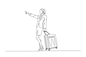 Businesswoman holding Luggage bag in continuous one line drawing. Single line art illustration of woman with travel suitcase. Editable vector.