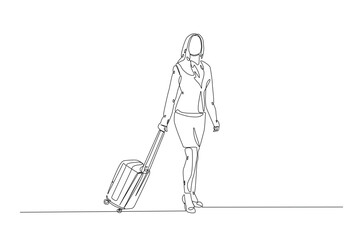 Businesswoman holding Luggage bag in continuous one line drawing. Single line art illustration of woman with travel suitcase. Editable vector.