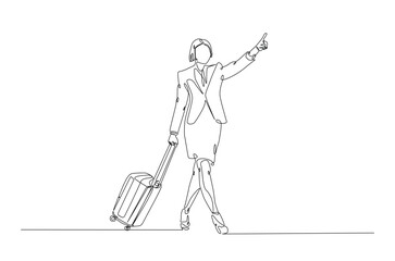 Businesswoman holding Luggage bag in continuous one line drawing. Single line art illustration of woman with travel suitcase. Editable vector.