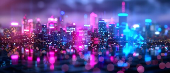 Obraz premium Vibrant Night Cityscape with Colorful Neon Lights and Reflections over Water in Urban Setting