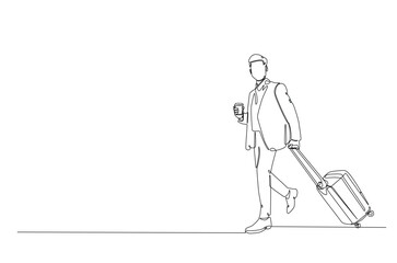 Businessman holding Luggage bag in continuous one line drawing. Single line art illustration of men with travel suitcase. Editable vector.
