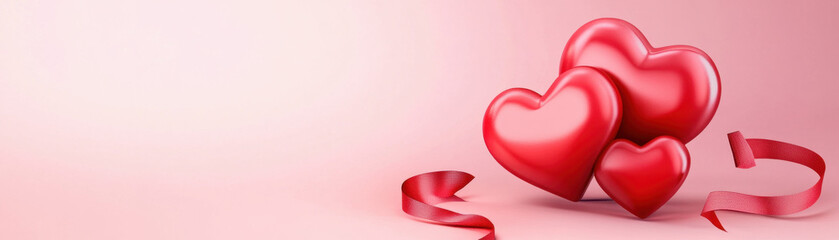 Fototapeta premium Three glossy red hearts with ribbons on soft pink background evoke feelings of love and affection. Perfect for romantic themes and celebrations