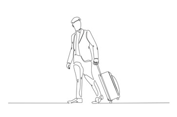 Businessman holding Luggage bag in continuous one line drawing. Single line art illustration of men with travel suitcase. Editable vector.