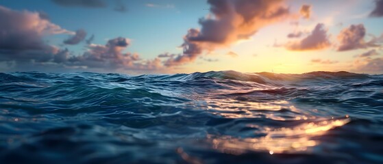 Obraz premium Serene Ocean Waves at Sunset with Vibrant Colors and Dramatic Clouds Reflecting on Water Surface