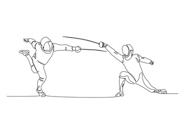 Fencer sport continuous one line drawing. Fencing Player duel single line art illustration. Editable vector.