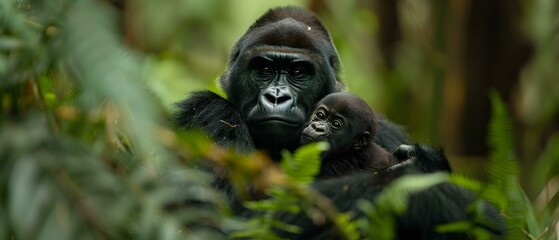 Mother and Baby Gorilla in a Lush Green Forest, Showcasing Bonding and Nature's Beauty with Intense Expression