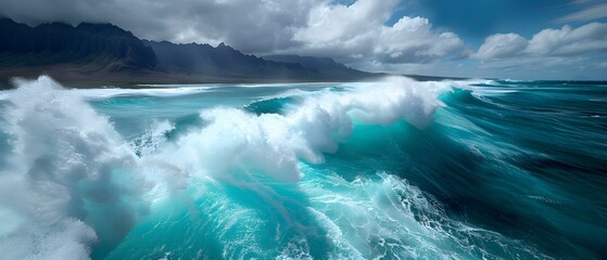 Fototapeta premium Turquoise Waves Crash Against Rocky Shoreline Under Dramatic Clouds and Mountainous Landscape