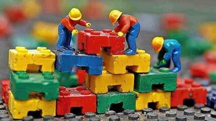 Naklejka premium Tiny figures building a structure from large colored blocks, at an abstract setting.