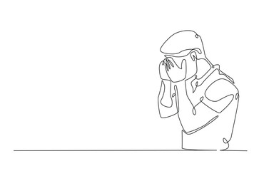 Man hold his head continuous one line drawing. Single line art illustration of man in depression, stressed, headache and despair. Editable vector.