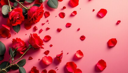 Romantic Red Roses and Petals on Pink Background - Valentine's Day, Love, Romance