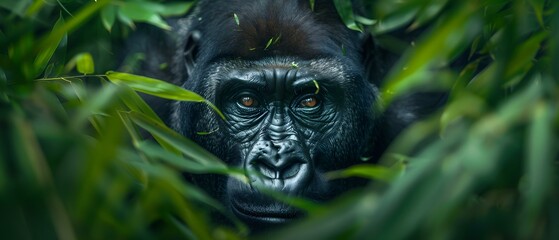 Obraz premium Majestic Gorilla Observing Its Surroundings Amidst Lush Greenery and Bamboo Forest Habitat
