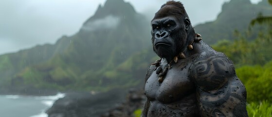 Majestic Mountain Jungle with Powerful Gorilla Concept in Rainy Environment