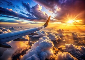Naklejka premium Airplane Wing Clouds Panoramic Photography AI Art, Majestic Sky, Aerial View