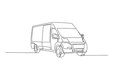 Cargo delivary van continuous one line drawing. Single line art illustration of van truck. Editable vector. © tri