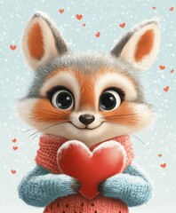 A charming cartoon raccoon holds a vibrant red heart, radiating love and joy, perfect for celebrating the warmth of Valentine's Day.
