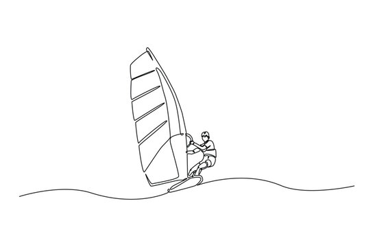 windsurfing sport continuous one line drawing. Single line art illustration of windsurfing athlete ride surfboard. Editable vector.