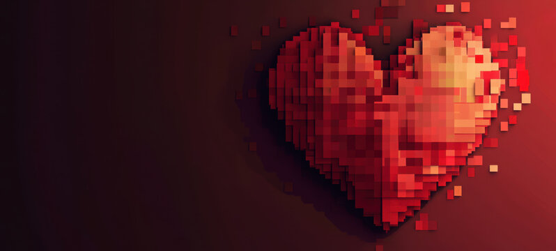 Pixelated heart design in shades of red, symbolizing love and affection. This artistic representation evokes emotions of passion and romance, perfect for Valentine Day