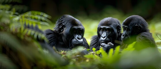Intimate Moment Among Gorillas in Lush Green Habitat Surrounded by Tropical Foliage and Natural Beauty