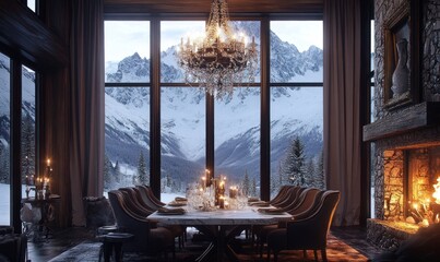 Mountain lodge dining room, sunset view, luxury interior, winter scene, real estate