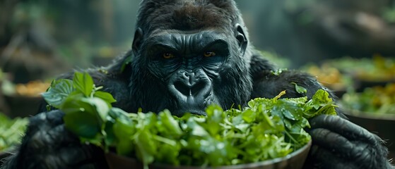 Obraz premium Majestic gorilla eating fresh greens in a lush, vibrant jungle setting with natural light illuminating the scene