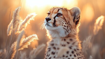 Fototapeta premium A cheetah gazes thoughtfully against a warm, golden sunset backdrop.