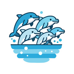 cartoon of a group of dolphins jumping from the water in a flat design