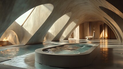 A hot tub set into a polished concrete floor, surrounded by geometric arches and triangular skylights, with soft natural light casting angular shadows across the scene,