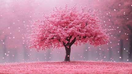 Obraz premium stunning cherry blossom tree in full bloom, surrounded by pink petals, creates serene and enchanting atmosphere. vibrant colors evoke feelings of tranquility and beauty