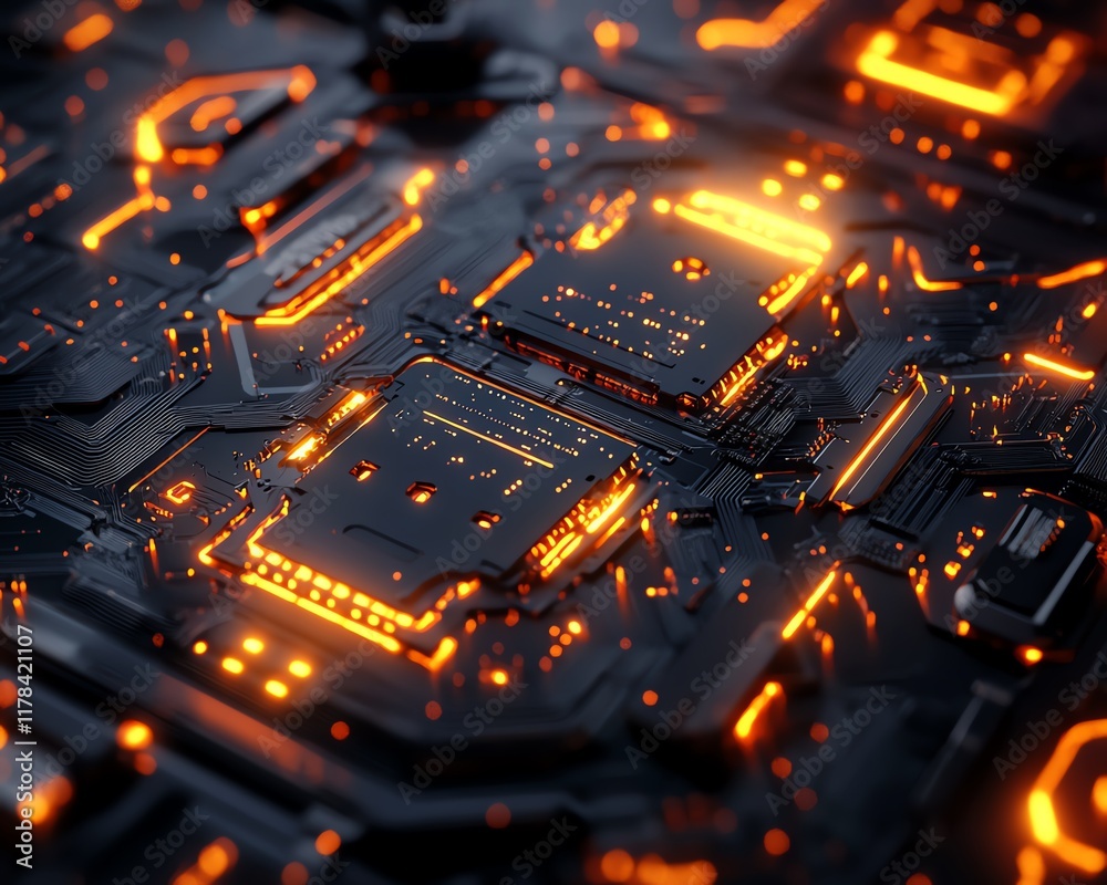 Poster Advanced microchip design, semiconductor concept with glowing connections, futuristic technology and electronics, cuttingedge computer engineering, hightech, ultradetailed, 8K