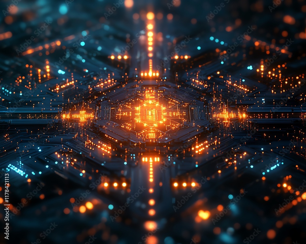 Aufkleber advanced microchip design, semiconductor concept with glowing connections, futuristic technology and
