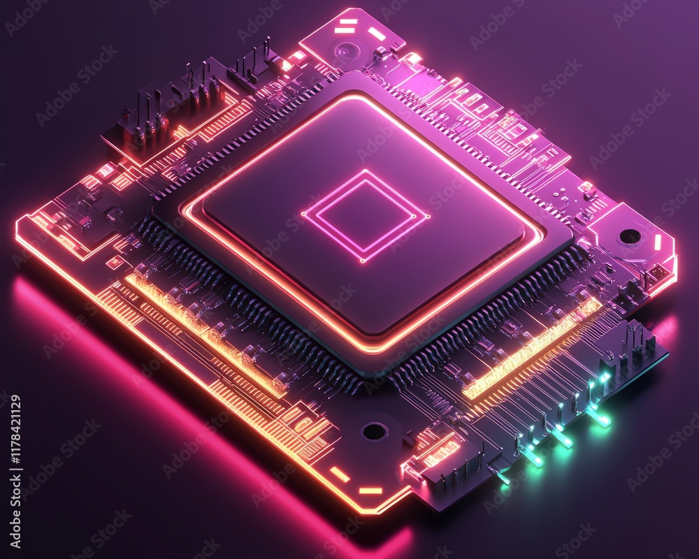 Aufkleber advanced microchip design, semiconductor concept with glowing connections, futuristic technology and