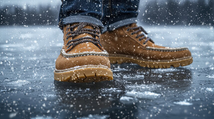Stylish brown boots with non slip soles on icy surface, snow falling. Perfect for winter activities and outdoor adventures