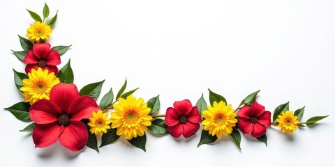 Obraz premium Floral Corner Border: A vibrant arrangement of red and yellow flowers with green leaves forms a graceful corner border, perfect for Diwali, makar sankranti, holi, new year designs. 