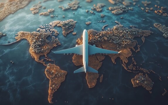 Cargo service and logistics concept, airplane delivering product boxes over world map, global shipping routes, efficient transportation, modern logistics solutions, highdetail, 4K