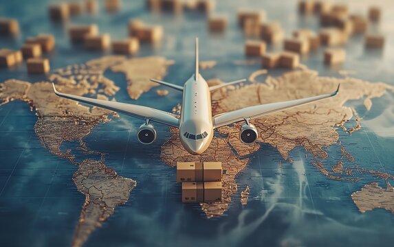 Cargo service and logistics concept, airplane delivering product boxes over world map, global shipping routes, efficient transportation, modern logistics solutions, highdetail, 4K
