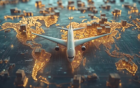 Cargo service and logistics concept, airplane delivering product boxes over world map, global shipping routes, efficient transportation, modern logistics solutions, highdetail, 4K
