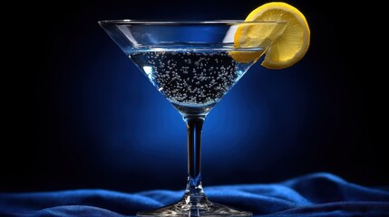 A refreshing cocktail in a glass with bubbles and a lemon slice on a blue background.