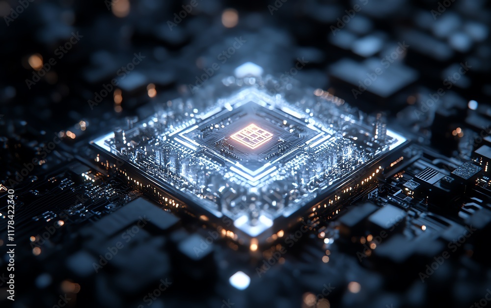 Poster Futuristic microchip with intricate semiconductor circuitry, representing technology development in the electronic industry, glowing design, sleek and modern, 8K clarity