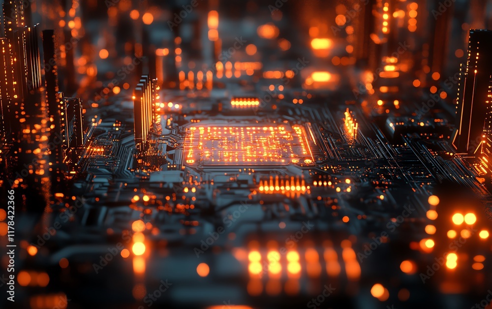 Aufkleber Futuristic microchip with intricate semiconductor circuitry, representing technology development in the electronic industry, glowing design, sleek and modern, 8K clarity