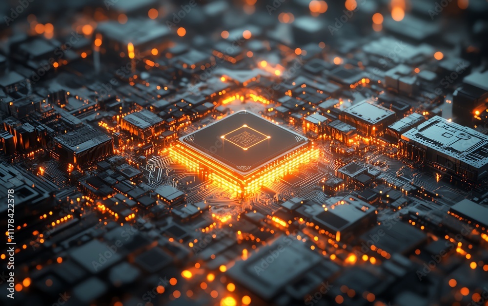 Fototapete futuristic microchip with intricate semiconductor circuitry, representing technology development in 
