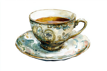 Fototapeta premium vintage tea cup with intricate designs and saucer, filled with tea