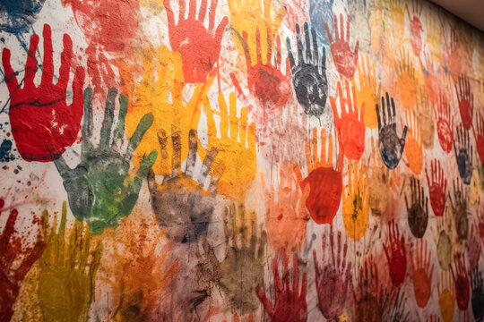 Wall covered in colorful handprints