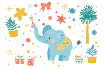 Fototapeta premium Cute elephant illustration with colorful decorations and plants