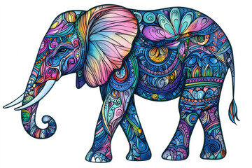Colorful elephant illustration with intricate patterns and designs