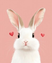 Obraz premium A charming white rabbit adorned with vibrant heart patterns on its ears, embodying the spirit of love and joy for Valentine's Day.